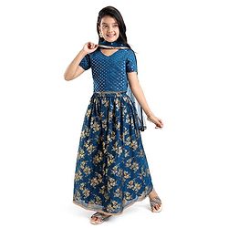 Pine Kids Half Sleeves Sequined Choli Lehenga Set with Dupatta & Gold Foil Floral Print - Teal Blue