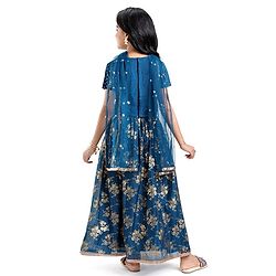 Pine Kids Half Sleeves Sequined Choli Lehenga Set with Dupatta & Gold Foil Floral Print - Teal Blue