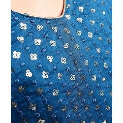 Pine Kids Half Sleeves Sequined Choli Lehenga Set with Dupatta & Gold Foil Floral Print - Teal Blue