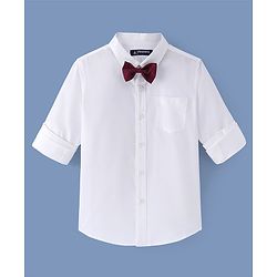 Pine Kids Cotton Woven Full Sleeves Solid Colour  Party Shirt with Bow - White
