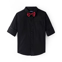 Pine Kids Cotton Woven Full Sleeves Solid Colour Party Shirt with Bow - Black