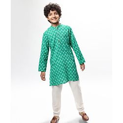 Pine Kids Cotton Woven Full Sleeves Kurta Pyjama Set Floral Print - Green