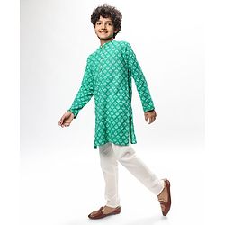 Pine Kids Cotton Woven Full Sleeves Kurta Pyjama Set Floral Print - Green