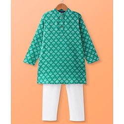 Pine Kids Cotton Woven Full Sleeves Kurta Pyjama Set Floral Print - Green