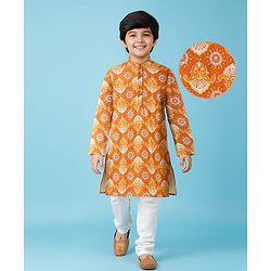 Pine Kids Cotton Woven Full Sleeves Kurta Pyjama Set Paisley Print - Mustard