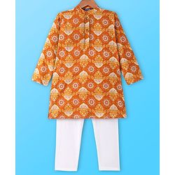 Pine Kids Cotton Woven Full Sleeves Kurta Pyjama Set Paisley Print - Mustard