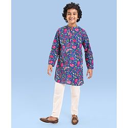 Pine Kids Cotton Woven Full Sleeves Kurta Pyjama Set Floral Print - Blue