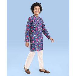 Pine Kids Cotton Woven Full Sleeves Kurta Pyjama Set Floral Print - Blue