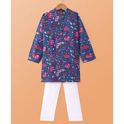 Pine Kids Cotton Woven Full Sleeves Kurta Pyjama Set Floral Print - Blue