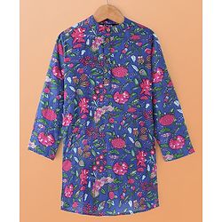 Pine Kids Cotton Woven Full Sleeves Kurta Pyjama Set Floral Print - Blue