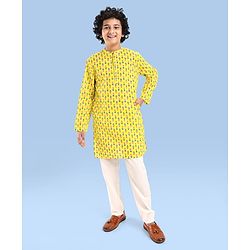 Pine Kids Cotton Woven Full Sleeves Printed Kurta - Yellow