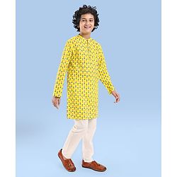 Pine Kids Cotton Woven Full Sleeves Printed Kurta - Yellow
