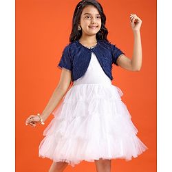 Pine Kids Woven Solid Color Dress with Half Sleeves Fur Shrug - White & Blue