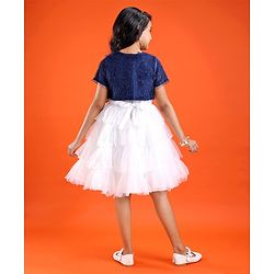 Pine Kids Woven Solid Color Dress with Half Sleeves Fur Shrug - White & Blue