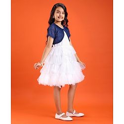 Pine Kids Woven Solid Color Dress with Half Sleeves Fur Shrug - White & Blue