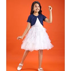 Pine Kids Woven Solid Color Dress with Half Sleeves Fur Shrug - White & Blue