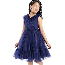 Pine Kids Sleeveless Tiered Party Frock with Frill Detailing  - Navy Blue