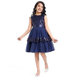 Pine Kids Sleeveless Party Layered  Sequined Frock - Navy Blue