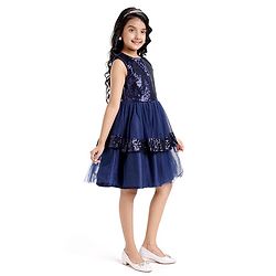 Pine Kids Sleeveless Party Layered  Sequined Frock - Navy Blue