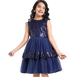 Pine Kids Sleeveless Party Layered  Sequined Frock - Navy Blue