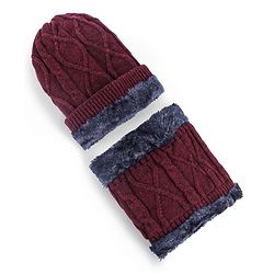Pine Kids Woollen Cap & Muffler Set with Cable Knit Design - Maroon