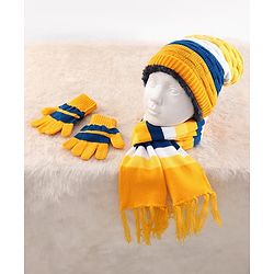 Pine Kids Woollen Knit Color Block Cap Gloves & Muffler Set - Yellow Blue & White