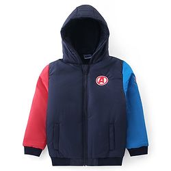 Pine Kids Marvel Full Sleeves Front Open Padded Hooded Jacket with Avengers Patch Applique - Navy Blue & Red