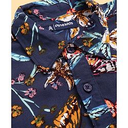 Pine Kids Viscose Woven Half Sleeves Butterfly Printed Shirt With Inner Tee - Navy Blue