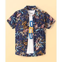 Pine Kids Viscose Woven Half Sleeves Butterfly Printed Shirt With Inner Tee - Navy Blue
