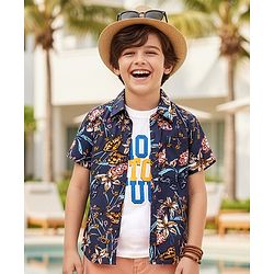 Pine Kids Viscose Woven Half Sleeves Butterfly Printed Shirt With Inner Tee - Navy Blue