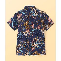 Pine Kids Viscose Woven Half Sleeves Butterfly Printed Shirt With Inner Tee - Navy Blue