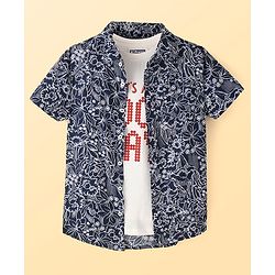 Pine Kids Viscose Woven Half Sleeves Floral Printed Twofer Shirt with T-Shirt - Grey & White