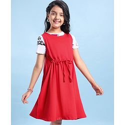 Pine Kids Cotton Knit Frock With Half Sleeves Inner Tee Text Printed - Red & White