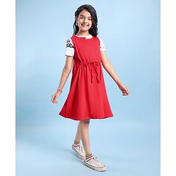 Pine Kids Cotton Knit Frock With Half Sleeves Inner Tee Text Printed - Red & White