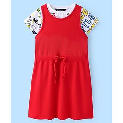 Pine Kids Cotton Knit Frock With Half Sleeves Inner Tee Text Printed - Red & White