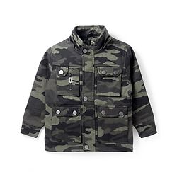 Pine Kids Woven Full Sleeves Hooded Front Open Sweatjacket with Camouflage Design - Olive Green