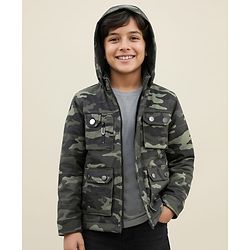 Pine Kids Woven Full Sleeves Hooded Front Open Sweatjacket with Camouflage Design - Olive Green