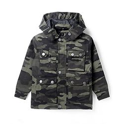 Pine Kids Woven Full Sleeves Hooded Front Open Sweatjacket with Camouflage Design - Olive Green