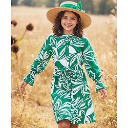 Pine Kids Viscose Rayon Woven Full Sleeves Mandarin Collar Front Open Frock with Floral Print - Green