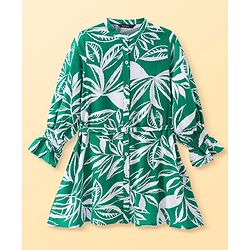 Pine Kids Viscose Rayon Woven Full Sleeves Mandarin Collar Front Open Frock with Floral Print - Green