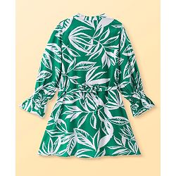 Pine Kids Viscose Rayon Woven Full Sleeves Mandarin Collar Front Open Frock with Floral Print - Green