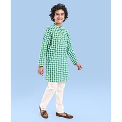 Pine Kids Cotton Woven Full Sleeves Kurta Pyjama Set With Floral Print - Teal Blue