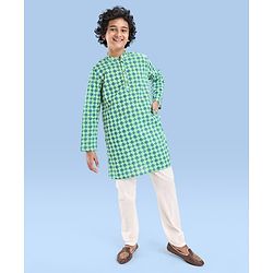 Pine Kids Cotton Woven Full Sleeves Kurta Pyjama Set With Floral Print - Teal Blue