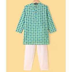 Pine Kids Cotton Woven Full Sleeves Kurta Pyjama Set With Floral Print - Teal Blue