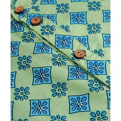 Pine Kids Cotton Woven Full Sleeves Kurta Pyjama Set With Floral Print - Teal Blue