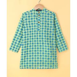 Pine Kids Cotton Woven Full Sleeves Kurta Pyjama Set With Floral Print - Teal Blue