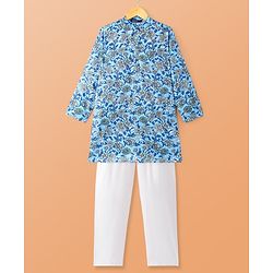 Pine Kids Cotton Woven Full Sleeves Kurta Pyjama Set Floral Print - Light Blue