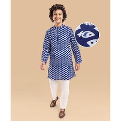 Pine Kids Cotton Woven Full Sleeves Printed Kurta Pyjama Set - Blue
