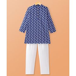 Pine Kids Cotton Woven Full Sleeves Printed Kurta Pyjama Set - Blue