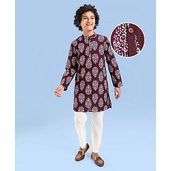Pine Kids Cotton Woven Full Sleeves Floral Print Kurta Pyjama Set - Maroon